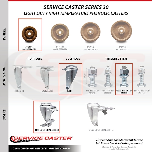 Service Caster 3 Inch High Temp Phenolic Wheel Swivel 12mm Threaded Stem Caster with Brake SCC-TS20S314-PHSHT-TLB-M1215 - main